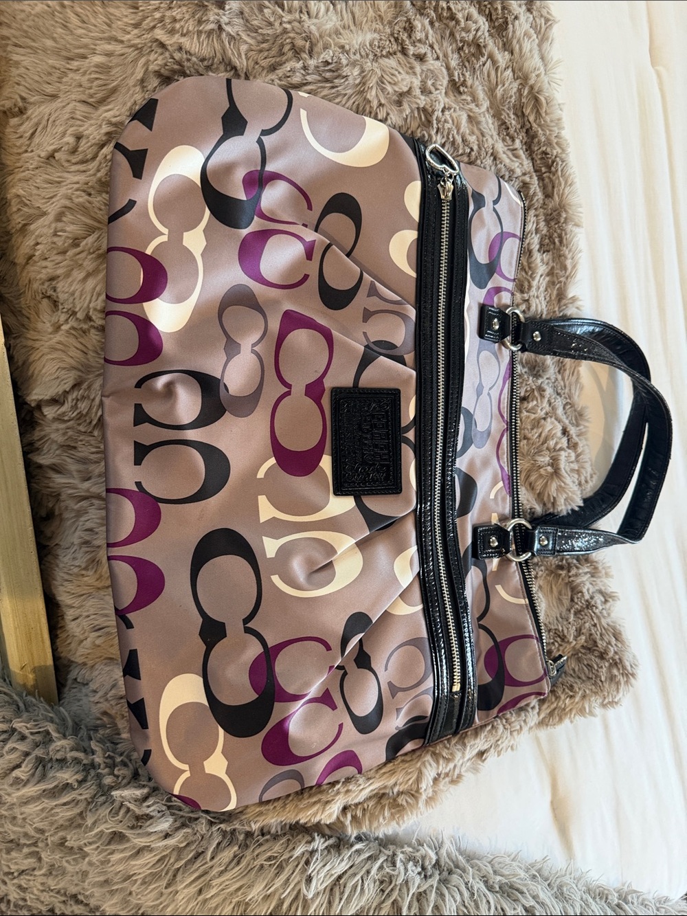 Coach Taupe Tote with Black Handles and Purple Accents